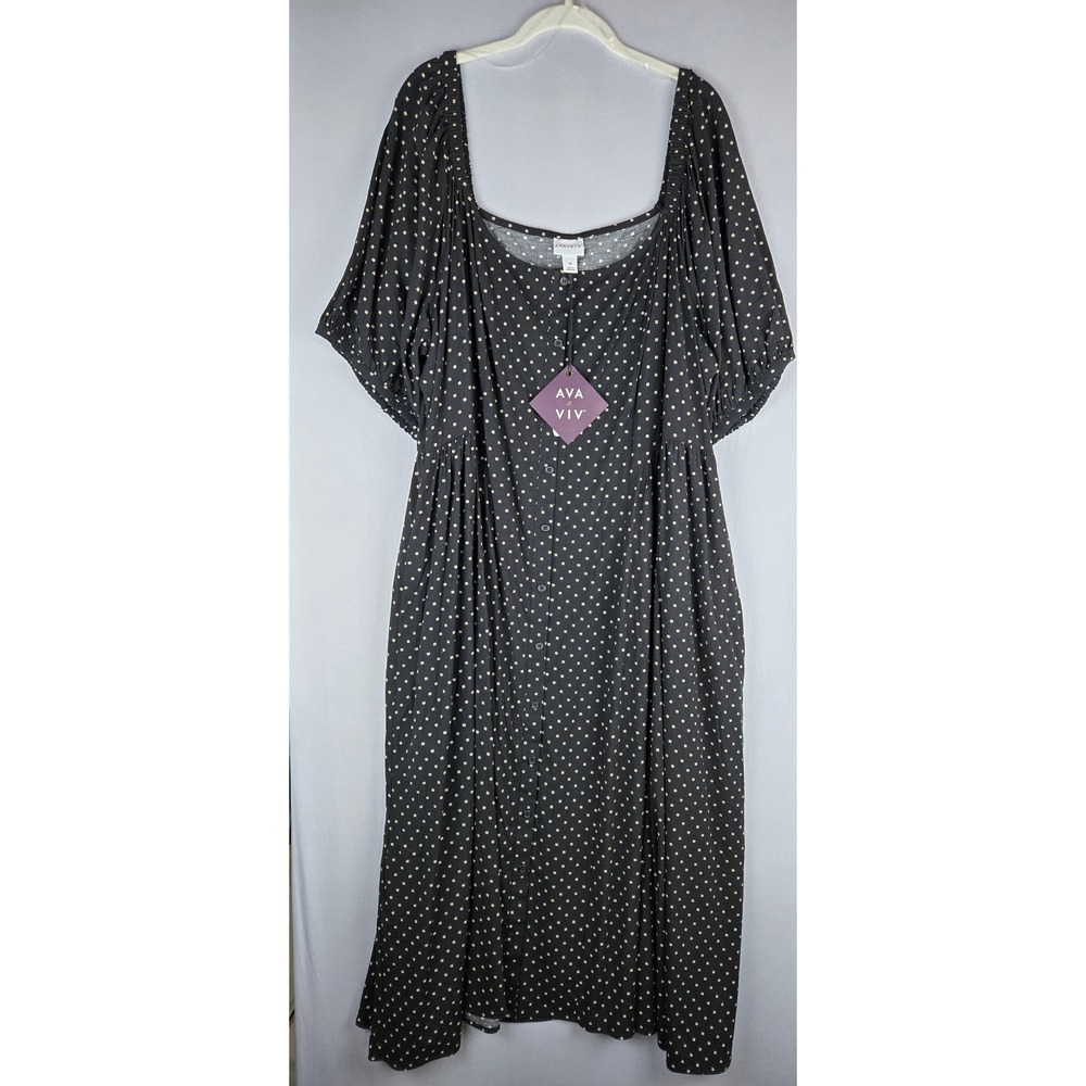 Ava & Viv Womens 3X Black Polka Dot Square Neck Button Front Puff Sleeve Dress